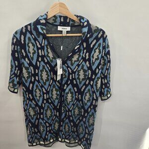 Jason Wu Navy Cream Green Jacquard Knit Camp Button Down Shirt Small